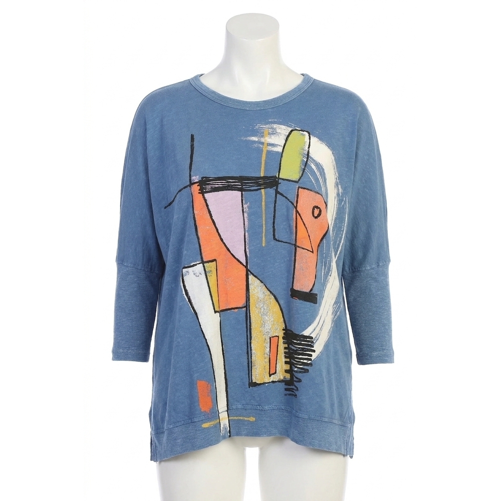 NEW JESS & JANE modern art mineral washed cotton dolman sleeve top in marine blu